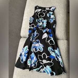 Black Midi Dress with Blue and White Floral Design